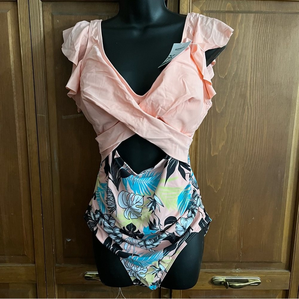 B2Prity One Piece Ruffle Sleeve Swimsuit Pink Tropical Women’s Size L